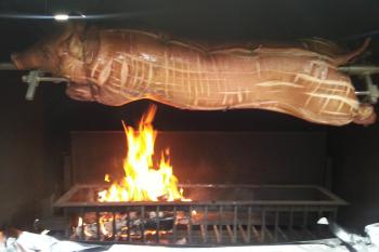 Spanferkel wird über Grillkohle gegrillt.